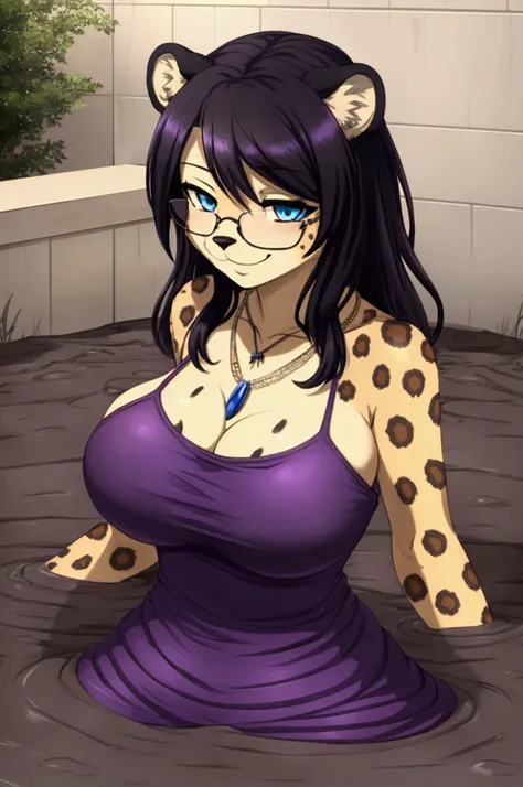 1girl, solo, (furry cheetah girl:1.2), huge breast, black hair, blue eyes, (purple camisole dress:1.2), spaghetti strap, (black glasses:1.2), (necklace:1.2), partially submerged, in mud, flooding up to the chest, upper body, bathtub, jacuzzi, brick wall, (...