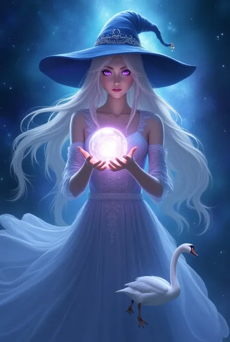  high-resolution image,anime ,realistic,Beautiful girl with long white hair,a woman in a witches hat holding a luminous crystal ball , beautiful, celestial, casting magic,glowing purple eyes,universe, swan,light,elf, looking at viewer,, maxi dress