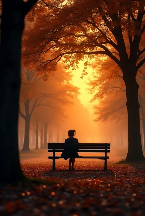 Imagine a solitary bench in a quiet park, draped in the soft glow of the setting sun. Autumn leaves blanket the ground, their vibrant colors muted by the twilight. A gentle breeze rustles through the trees, carrying with it the distant sound of a melanchol...