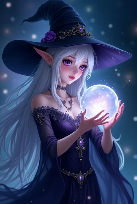  high-resolution image,anime ,realistic,Beautiful girl with long white hair,a woman in a witches hat holding a luminous crystal ball , beautiful, celestial, casting magic,glowing purple eyes,universe, ,light,elf, , dress