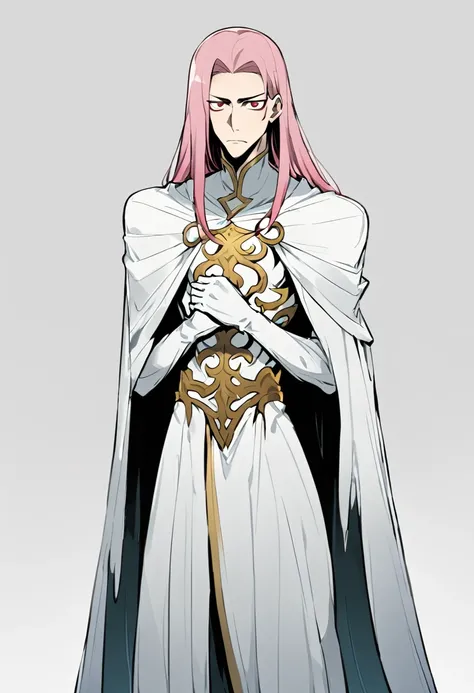 His appearance would be adapted for the Bleach universe, maintaining some striking features of his original look. He would be tall and slender, with pink hair and a serene expression. He would wear white armor with gold details, a flowing cape and white gl...