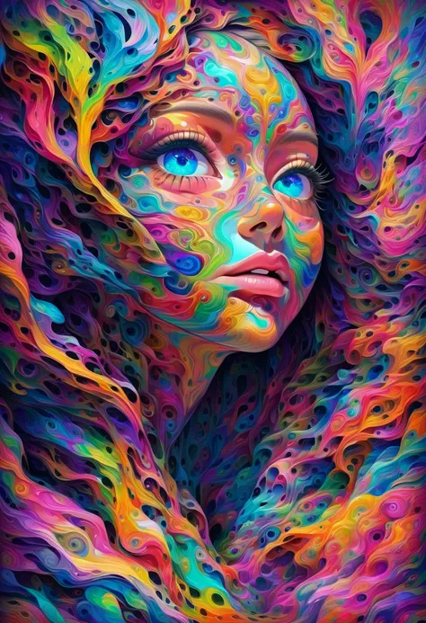 a woman, colorful abstract background, strange and surreal dreamlike atmosphere, beautiful detailed eyes, beautiful detailed lips, extremely detailed face and features, long eyelashes, vibrant colors, psychedelic, (best quality,8k,high resolution,masterpie...