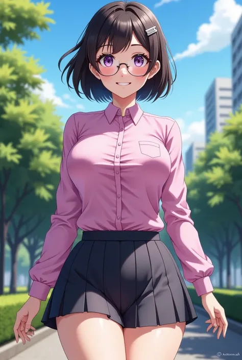 masterpiece, best quality, wide hips, small waist, altTsubasa, short hair, fat Thighs, hairclip, purple eyes, glasses, (huge breasts:0.8), school uniform, long sleeves, pink shirt, pleated skirt, looking at viewer, closed eyes, happy, blue sky, trees, park