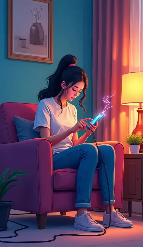 An illustration depicting a person sitting on a chair, holding a smartphone while its charging. The scene is set in a modern living room, with a cozy, well-lit atmosphere. The phone is connected to a visible charging cable, sparking slightly, emphasizing d...