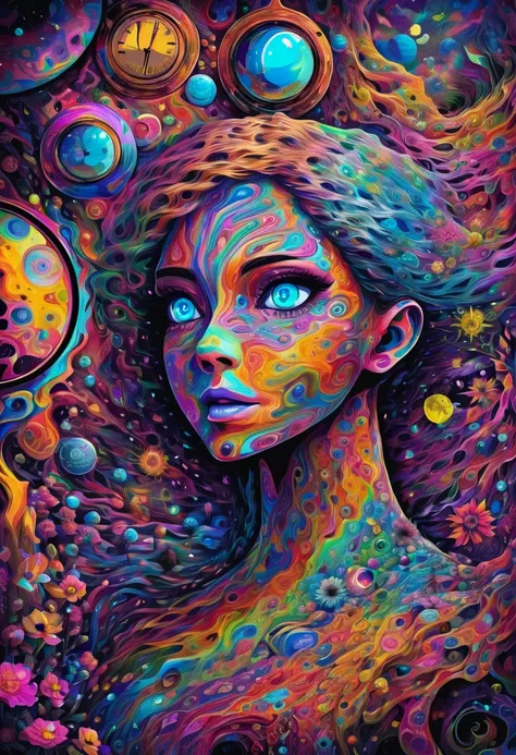 a beautiful woman, closeup detailed face, detailed eyes, detailed lips, beautiful skin, dry tree, flowers, clock, planets, floating around her, strange colors, multiple colors, random colors, psychedelic art