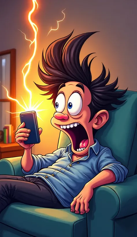 Create a vibrant and exaggerated caricature style scene of a person lying on a couch, holding a smartphone while charging it. The person should have wide, alarmed eyes, with electrical sparks flying around the charger, emphasizing the danger. Their hair sh...