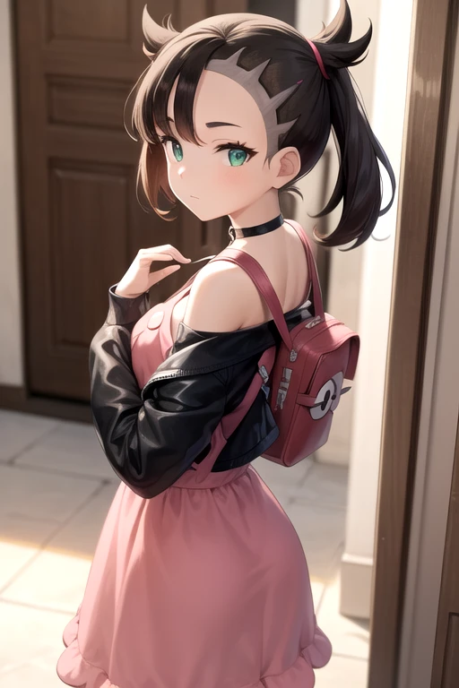 beautiful, masterpiece, best quality,  extremely detailed face ,   Perfect lighting , 1 girl, Alone, OUTLINE, Marnie-a  (pokemon), green eyes,  asymmetric fringe , backpack, bag, black  choker, black jacket, blurry, blurred background,  choker, Closed mout...