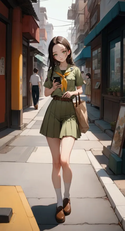 beauty young girl, crossing road, holding a smartphone, carrying tote bag, she is in black long straight hair (+half up half down, forehead), wears olive-green outfit (+same tone), olive-green short sleeves scout shirt, yellow scout kerchief, olive-green s...