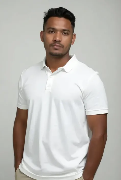 A malay man wearing plain white polo shirt posing in a studio.