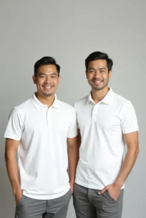 2 malaysian man wearing plain white polo shirt posing in a studio.