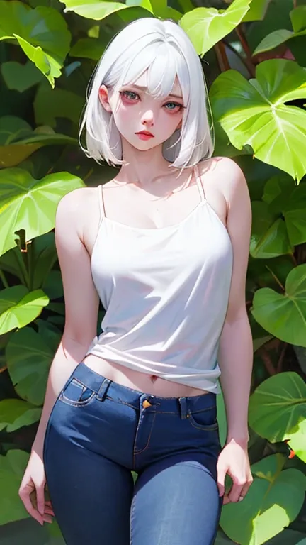 Skinny jeans　White camisole　Fearful expression、(((Realistic images)))、 translucent white skin 、 white camisole 、、The skin is clear、Plant leaves　Wedged pussy　Very Skinny　NSFW 7-Eleven uniforms