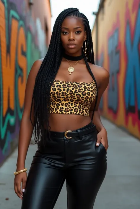 A curvaceous Black woman wearing a cropped, fitted top in leopard print, paired with leather leggings and ankle boots. She’s accessorized with a black choker and gold hoop earrings. Her hair is styled in long box braids. The setting is a graffiti-covered u...