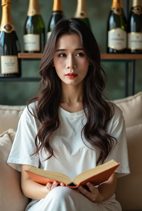 photo,Front view,woman,Asian,Long wavy hair, white t-shirt ,sit, champagne bottles, the background is a glass bottle rack,Bottle of champagne,Holding a book