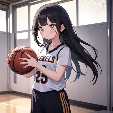 One girl standing, Wearing a basketball shirt], detailed, , [Have the ball, Long Hair, sweaty 