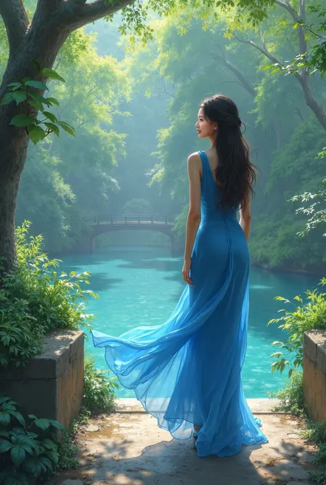 Hong Kong woman standing next to a body of water on a bridge, This painting was inspired by Kim Jeong-hye  , instagram, what is it？, Standing in the botanical garden , Wearing blue cheongsam, On a sunny day, e kawahara , 穿着飘逸的连衣裙, 穿着飘逸的连衣裙