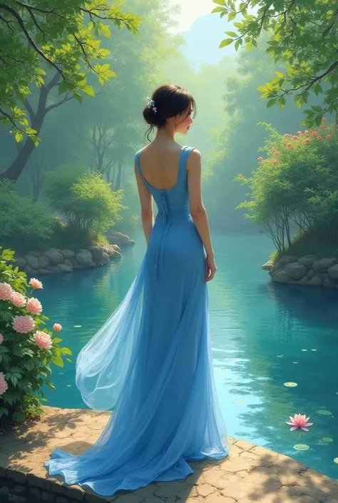 Hong Kong woman standing next to a body of water on a bridge, This painting was inspired by Kim Jeong-hye  , instagram, what is it？, Standing in the botanical garden , Wearing blue cheongsam, On a sunny day, e kawahara , 穿着飘逸的连衣裙, 穿着飘逸的连衣裙