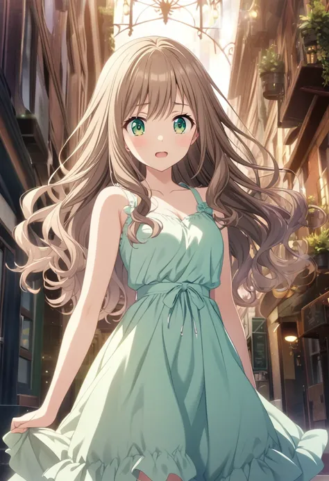  girl, ash brown hair, long wavy hair, green eyes, pastel colored dress, CG