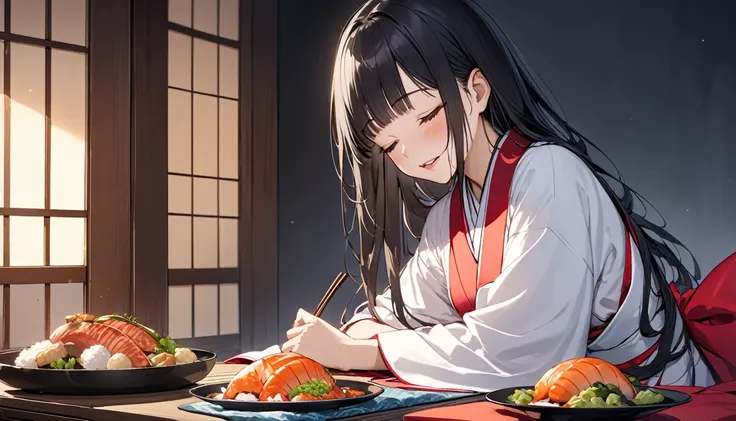 (immensely beautiful illustration), (master anatomy), solo:2, (sad closed eyes) (best blunt bangs) (black hair long hair) (best beautiful girl is ), (soft smile, sweaty skin, open mouth), ((glossy lip)), (medium tits), (in a shrine maiden clothes), break, ...