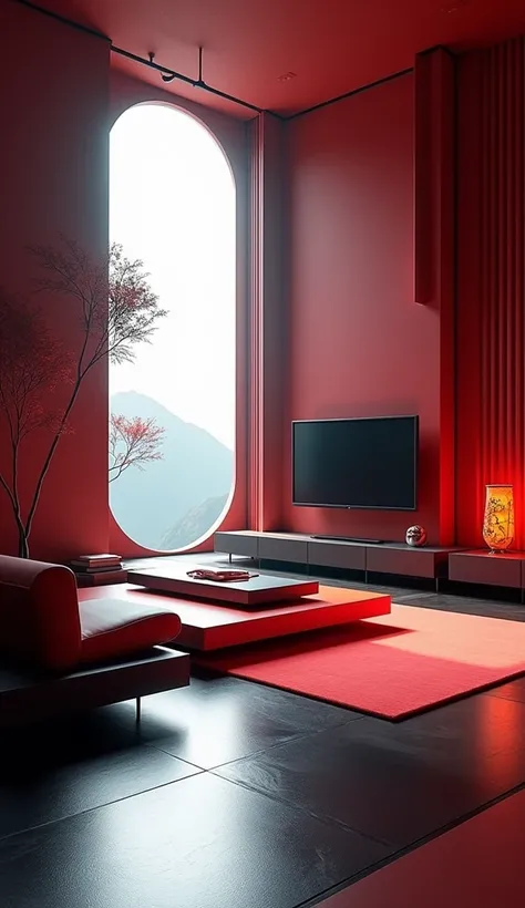 interior view of Japanese origami tv room style with black and red Zen furnishings