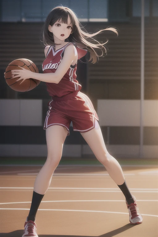 (8k, best quality, masterpiece:1.2), (realistic, photorealistic:1.37), ultra-detailed,best quality, ultra high res,  professional lighting , photon mapping, radio sided,  physical rendering ,  Cinematic lighting , basketball court, depth of field, sharp fo...