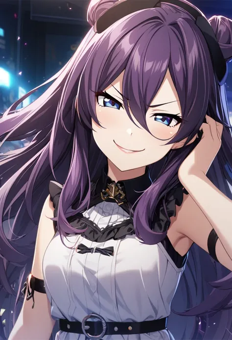 1 girl, dark purple hair, hair between eyes, long hair, dark blue eyes, mischievous smile, mischievous attitude, mischievous expression, smug expression, cg