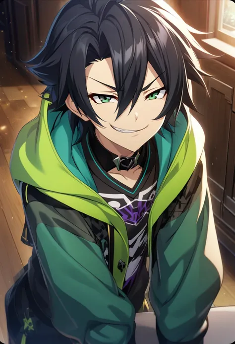 1 boy , black hair, hair between eyes, dark blue-green eyes, mischievous smile, mischievous attitude, mischievous expression, smug expression, cg