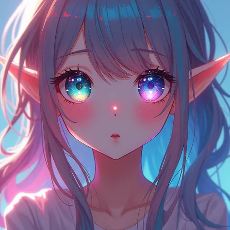 anime ,1 girl, rainbow hair, bright eyes, hd quality, elf, Sparkling Eyes, Bright Eyes, High Definition Eyes, Ultra HD Eyes, Super HD Eyes, Hyper Realistic Eyes, Crystal Clear Eyes (Beautifully Detailed Eyes), Textured Eyes, Clear Eyes, Colorful Eyes, Brig...