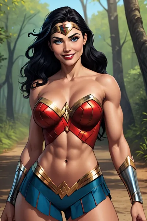 Sexy Busty Voluptuous skimpy Buff Muscular athletic Smiling cheerful suntanned Diana Prince Wonder Woman from DC comics with very long down loose black hair down to her hips and blue eyes in an the forest on a hot sunny summer day, large breasts , bare mid...