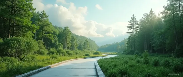  environmentally friendly concrete road forest landscape，A picture of a forest landscape with clouds in a broad field of view ， are suitable as real photographic images of catalytic transformation organ networks， A real point of business ，Outstanding photo...