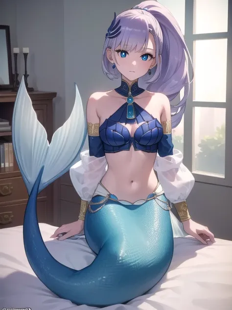 mermaid, blue mermaid tail below waistline, reinepavolia, reine pavolia, blue eyes, braid, braided bangs, light purple hair, par...