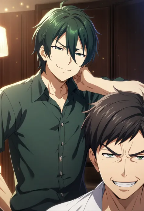 1 boy 50 years old, dark green hair, hair between the eyes, dark blue-green eyes, permissive parent type, satisfied smile, proud smile, smug expression, cg