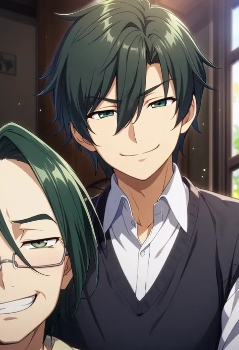 1 boy 50 years old, dark green hair, hair between the eyes, dark blue-green eyes, permissive parent type, satisfied smile, proud smile, smug expression, cg