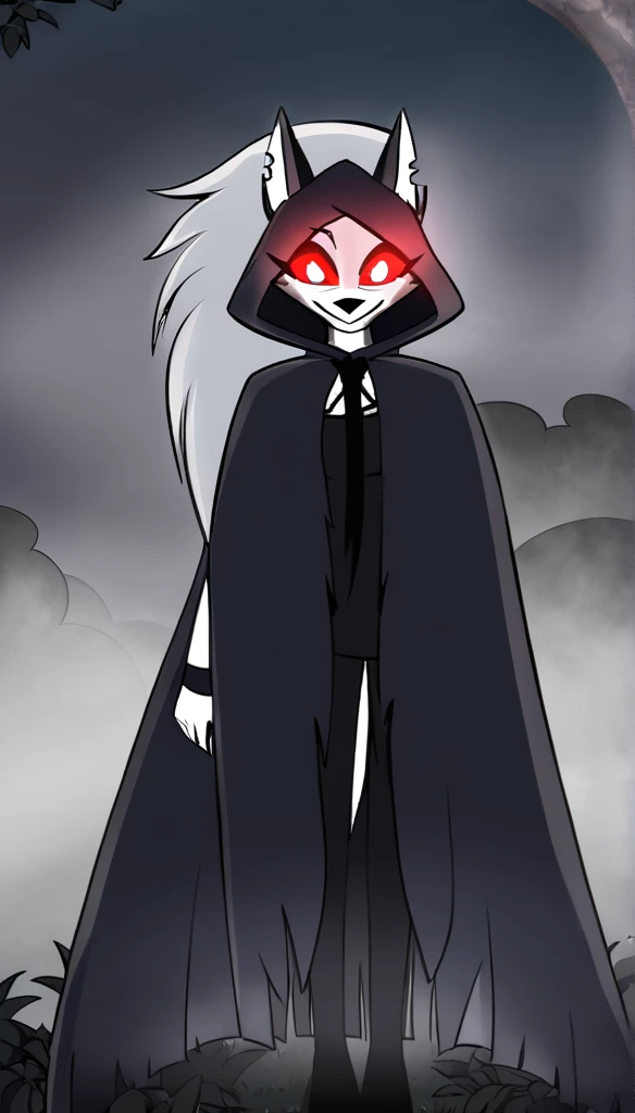 (1girl, solo), perfect body, slim,
anthro, robe, furry, smile, grim reaper outfits, cape covering whole body, black long cape, hoods covered head, head down, red eyes, day, park, fog, standing, 
Loona (Helluva Boss), 