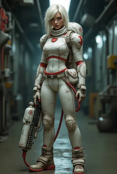 Photograph of a 18yo pale skinned girl, a part of the healer class in the futuristic sci-fi world she inhabits. Dressed in grimy and worn-out clothes, she stands in a dimly lit underground base. Her body is adorned with white latex garments with red accent...