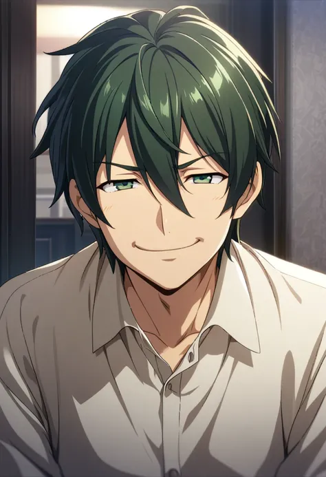 1 man 50 years old, alone, dark green hair, hair between eyes, dark blue-green eyes, permissive parent type, satisfied smile, proud smile, smug expression, cg