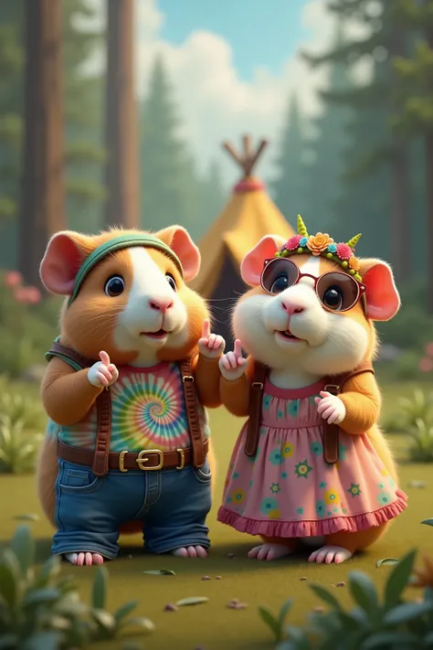 image of two (semi-realistic) guinea pig dressed as hippie male & female camping background wearing dark sunglasses looking cool and showing the peace sign both feet 