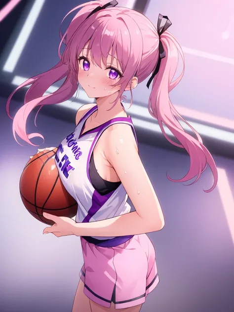 ((8k, Highest quality, masterpiece: 1.3)),Ultra-high resolution,(1 girl, alone), Highly detailed dark purple eyes, Highly detailed face, from above, closed mouth, light from back, basketball coart background,
light pink short twintails, basketball jersey, ...