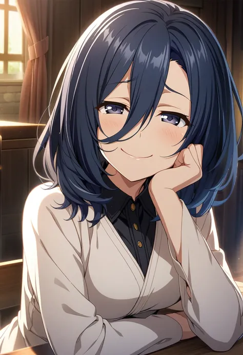 1 woman 45 years old, alone, dark blue hair, hair between eyes, medium hair, dark blue eyes, permissive mother type of person, satisfied smile, proud smile, smug expression, cg