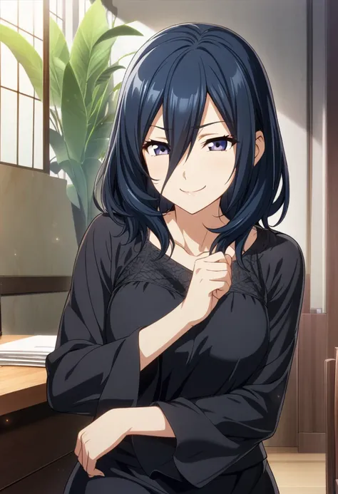 1 woman 45 years old, alone, dark blue hair, hair between eyes, medium hair, dark blue eyes, permissive mother type of person, satisfied smile, proud smile, smug expression, cg