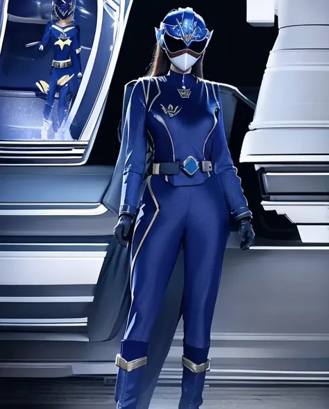 All womans dark blue rangers, dark blue ranger suit, as shes power rangers dark blue, full body , helmet mask, long hair, high detailed, realistic, gloves, ultra realistic, ((full face helmet)), black shield sunglasses on eyes, smart black sunglasses 