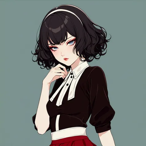 A pale skinned anime girl, black wavy hair, with silver eyes and a penetrating gaze, Shes wearing a red top, red heels, red skirt, abdomen