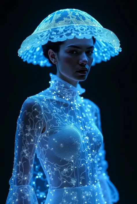 fashion portrait, bioluminescent clothing, Haeckel Inspired, Umbrella Medusa Jellyfish.captured on Hasselblad X1D, 100mm