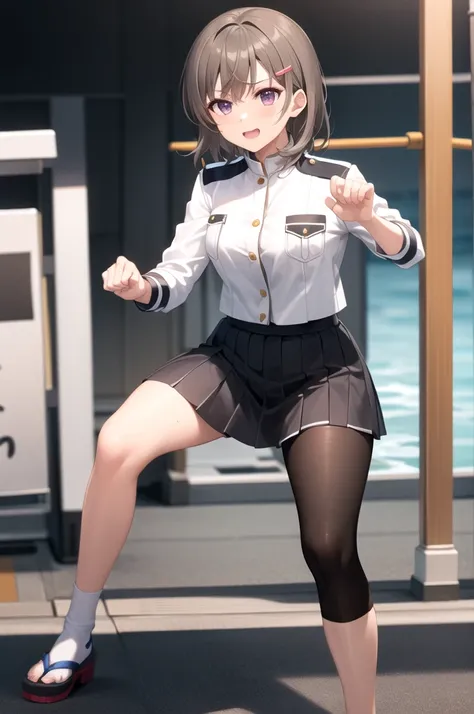 Best Quality, masterpiece, detailed,
Chinamoeka ,
 1 girl,  open your mouth, Serious but light smile,
Brown Hair, Purple eyes, Short Hair, Hair Clip,
uniform,  white jacket , breast pocket,  Black Skirt,
standing,  watching viewers , serious look,Fighting ...