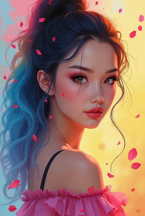 （Pink Fashion T-shirt：1.9），(Colorful hair: 1.8), (all the colours of the rainbow: 1.8),(((((vertical painting：1.6))), （painting：1.6），front, comics, illustrations, paintings, large eyes, crystal clear eyes,（ rainbow color gradient high ponytail：1.7）, exquis...