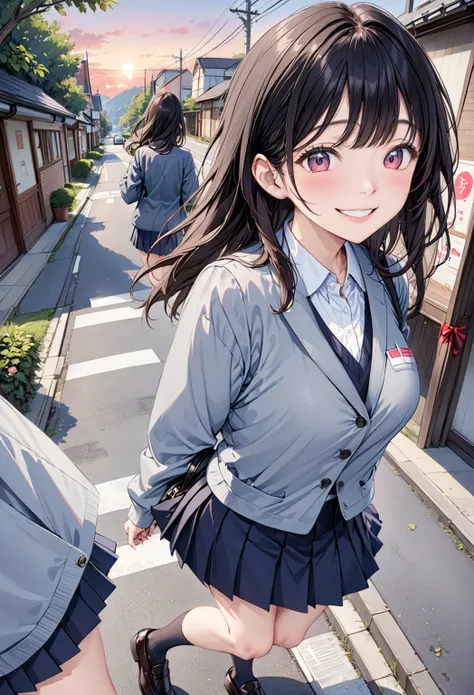  cute girl 、Large Breasts、G-Cup、school girl uniform、Long black hair、((Student Uniform, School bag((( gray jacket:1.5))), open jacket, Long sleeve, Red ribbon, White shirt,  collared shirt, button, black vest,  pleated skirt , Black socks,  Black Loafers))、...