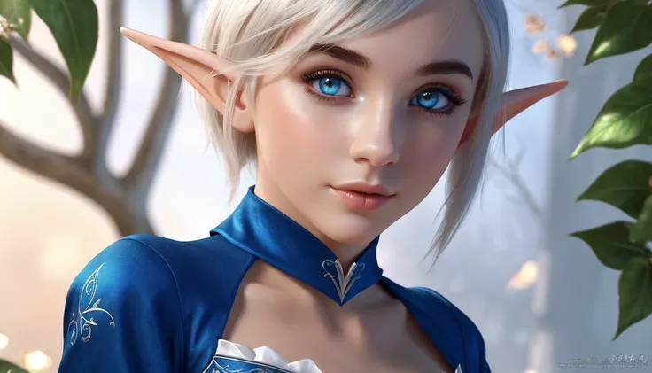 1 elf girl, short hair above the shoulders, blue eyes, elf girl, elf clothes, CG