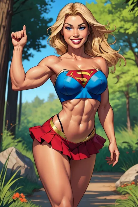 Sexy Busty Voluptuous skimpy Buff Muscular athletic Smiling cheerful suntanned Kara Danvers Supergirl from DC comics with very long down loose blonde hair down to her hips and blue eyes in an the forest on a hot sunny summer day, large breasts , bare midri...