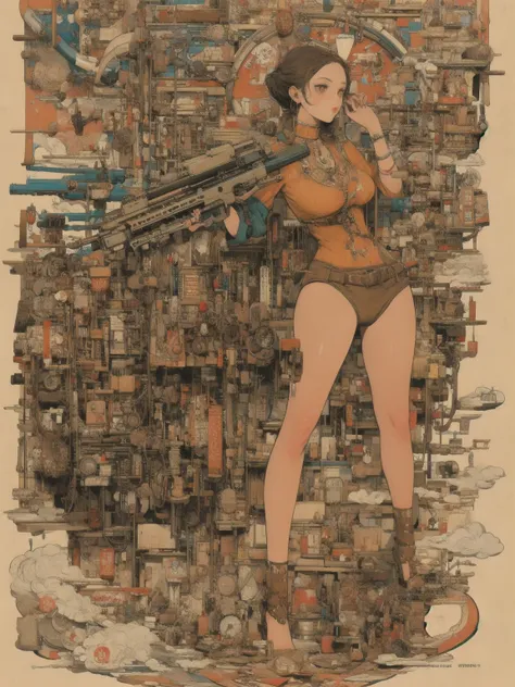 (masterpiece, Best Quality: 1.2), Alone,  1 girl, jppop art style, risograph, Steampunk, metal art, steel pipe, Ready your gun?, perfect anatomy, dynamic pose