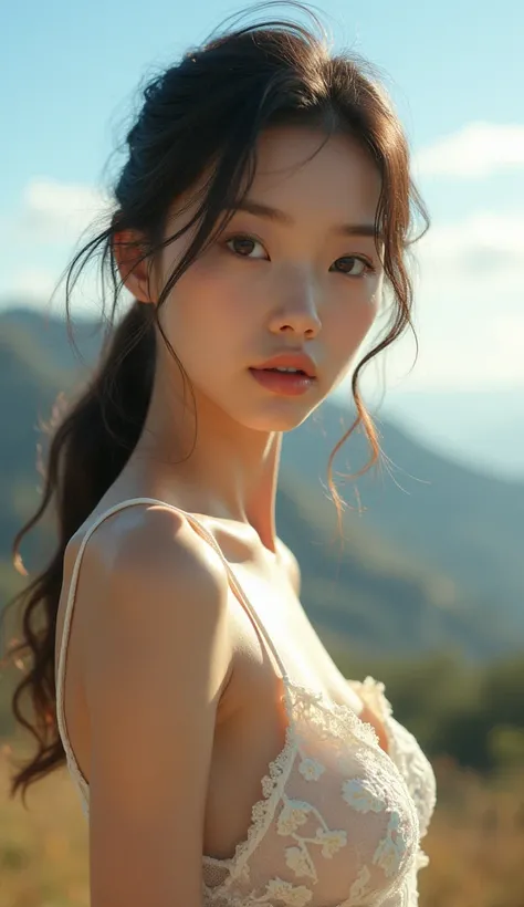  cute realistic girl half Japanese and half Korean，Sharp Photos，Large Breasts，whole body，Genuine，lace thin camisole dress， (masterpiece: 1.2)，(Realistic: 1.3)， 1 person，Beautiful hilly terrain ， very bright blue sky in the morning ，White backlight ，細部まで美しい...