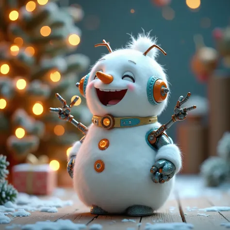 cute little fluffy snowman, christmas decoration theme, , cute mini robotic snowman, laughing singing, sillyunreal engine, 8k, hd